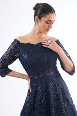 Navy Blue Net Sequin & Thread Work Off-Shoulder Gown