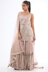 Dusty Mauve Georgette Sequins Embroidered Sharara Set