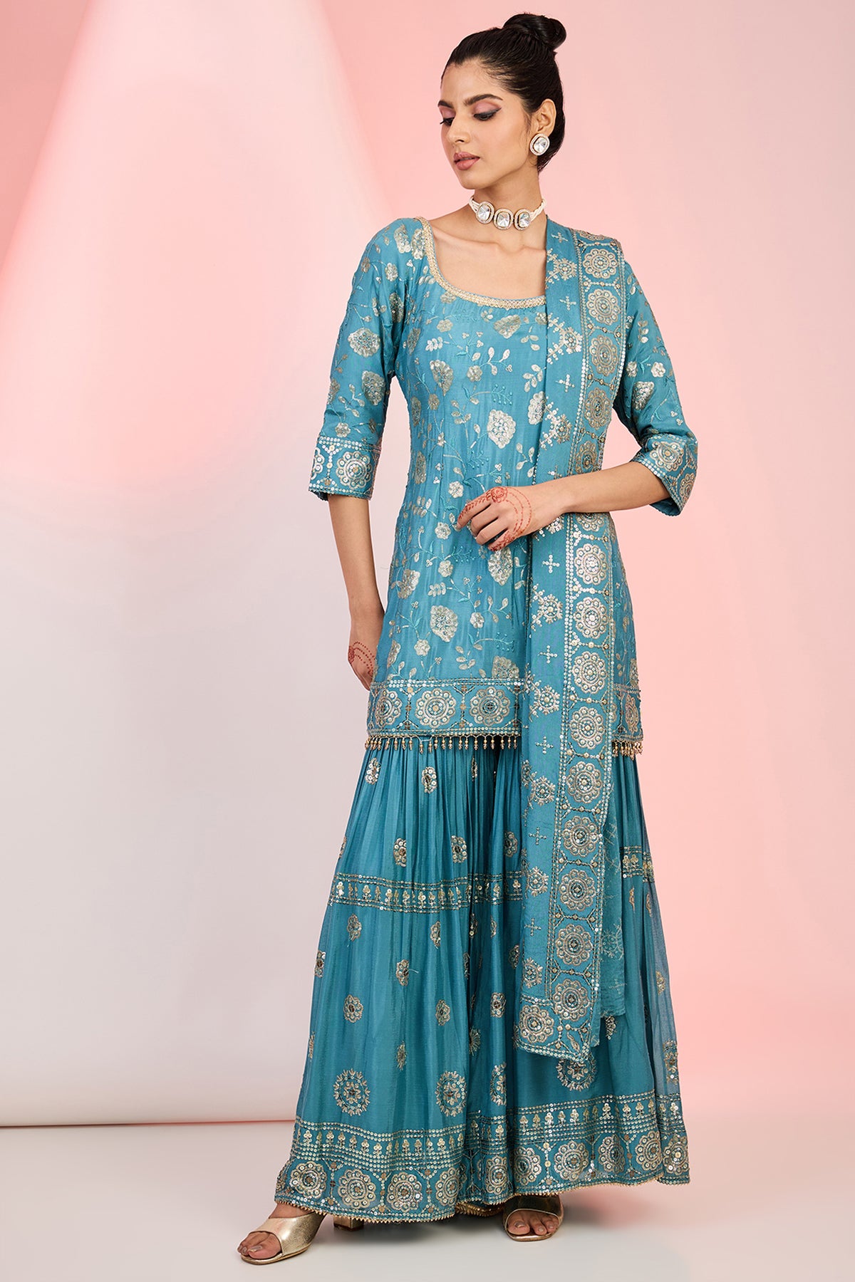 Flower Jaal embroidery Kurta Sharara