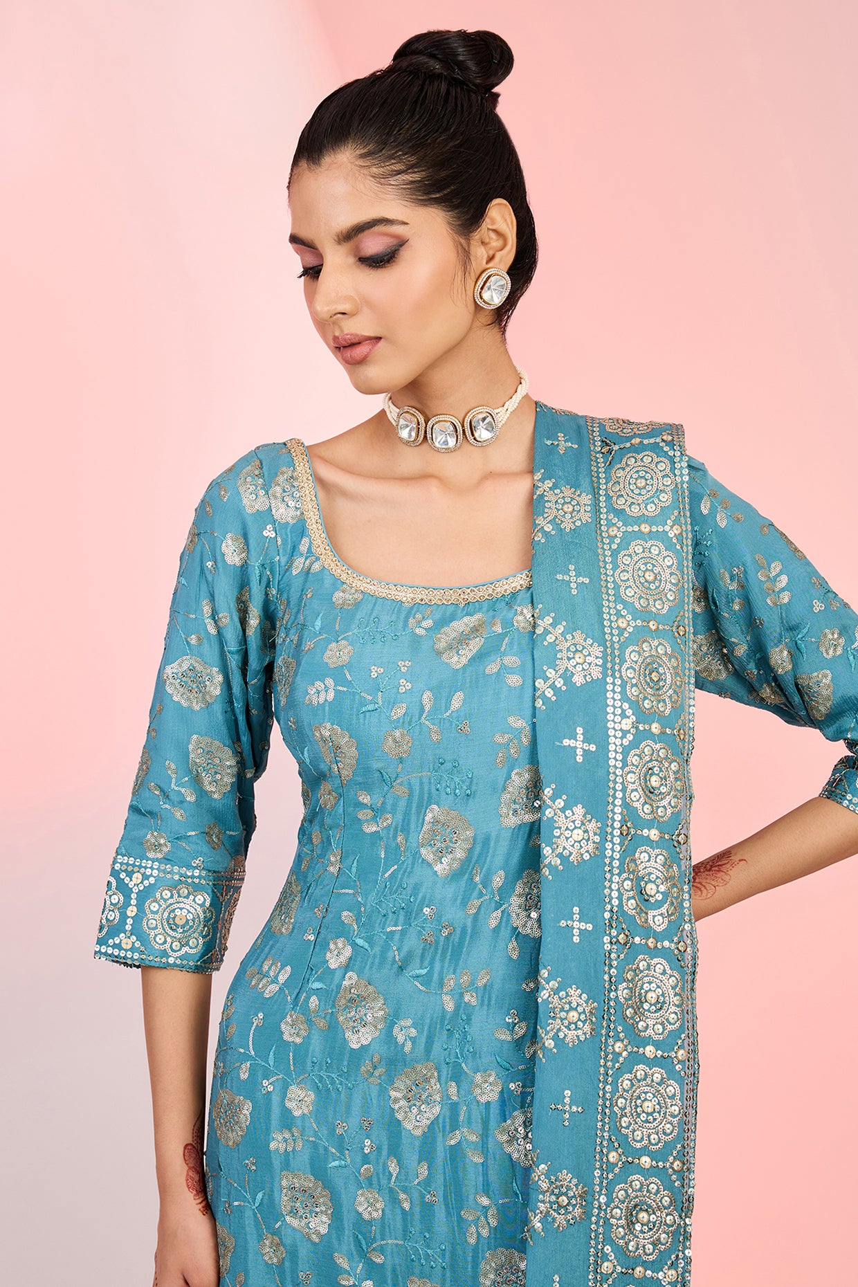 Flower Jaal embroidery Kurta Sharara