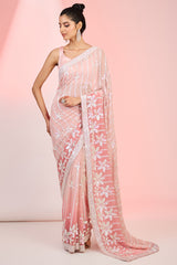 Peachy Pink Georgette Sequins Embroidered Saree Set