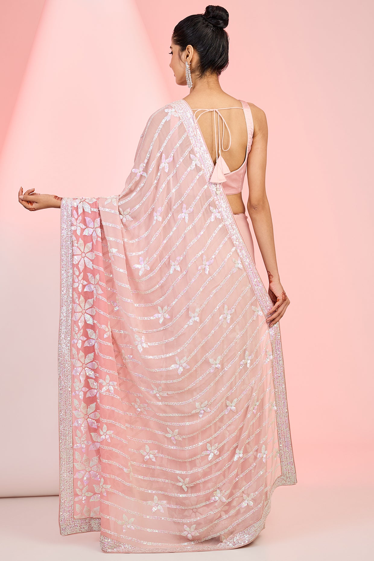 Peachy Pink Georgette Sequins Embroidered Saree Set