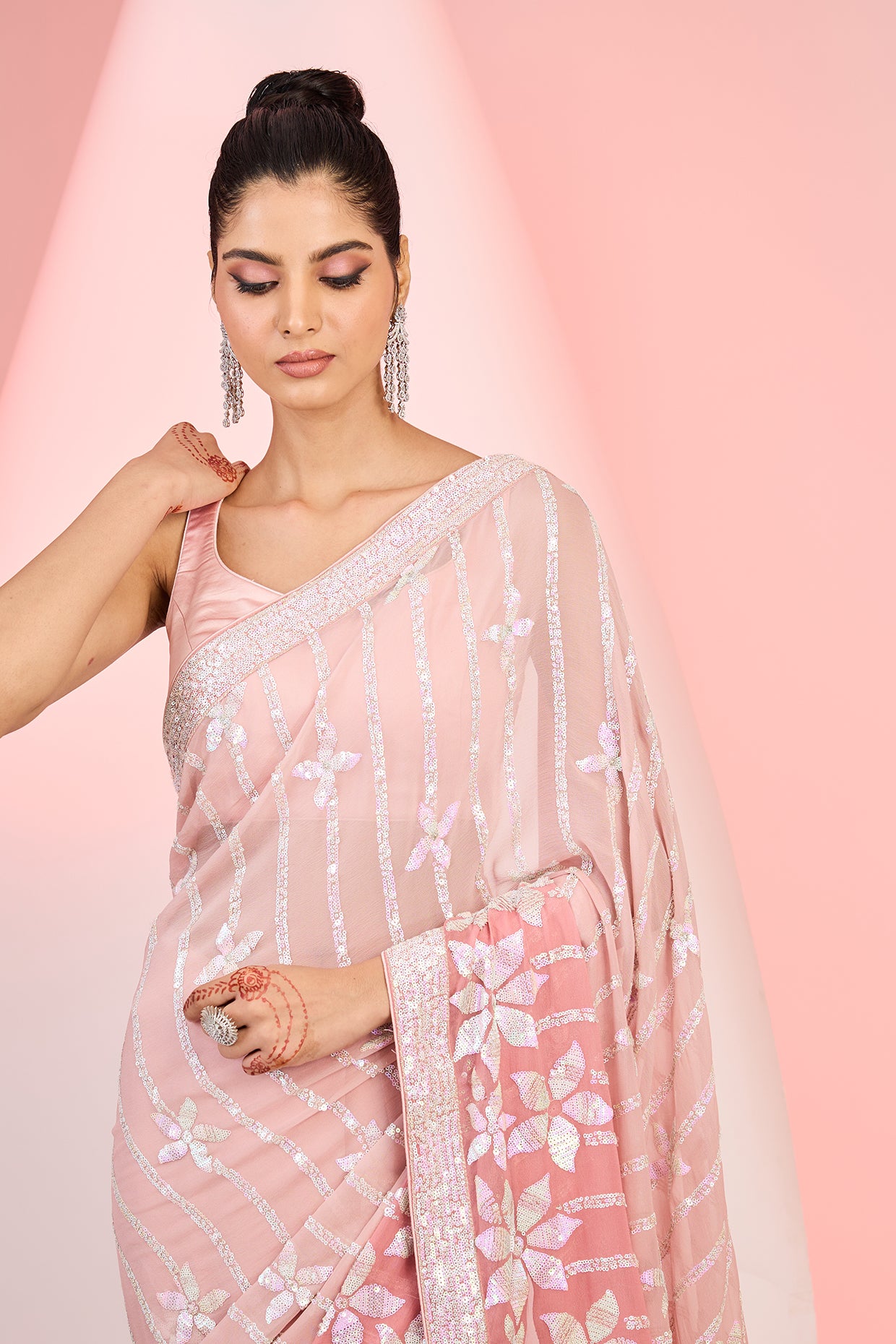 Peachy Pink Georgette Sequins Embroidered Saree Set