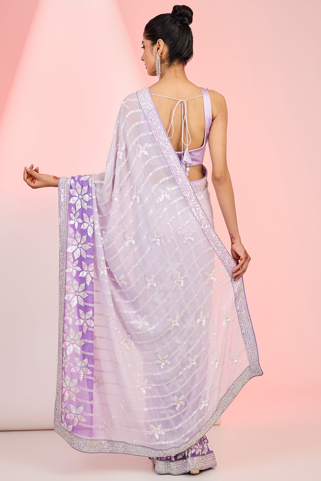 Purple Georgette Sequins Embroidered Ombre Saree Set