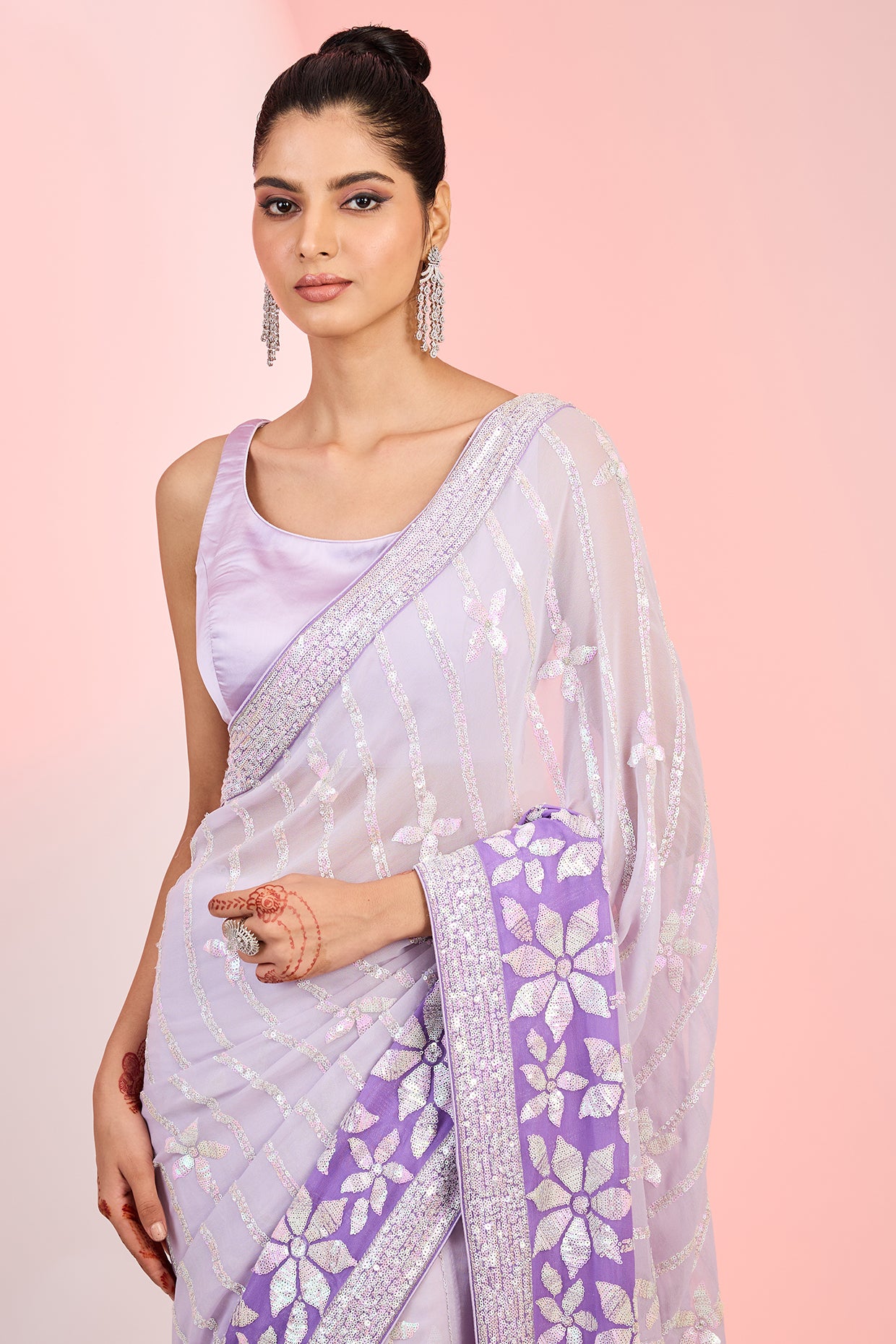 Purple Georgette Sequins Embroidered Ombre Saree Set