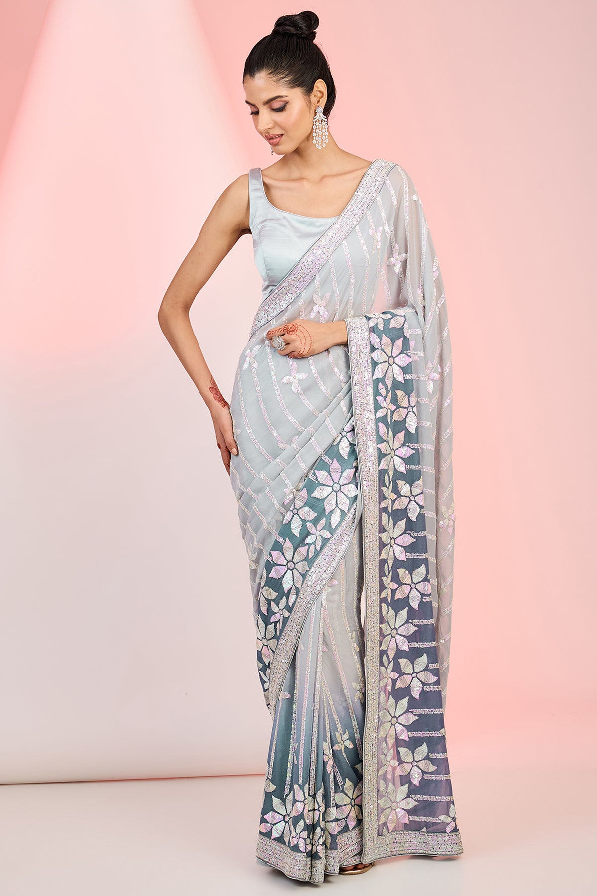 Grey Georgette Sequins Embroidered Ombre Saree Set