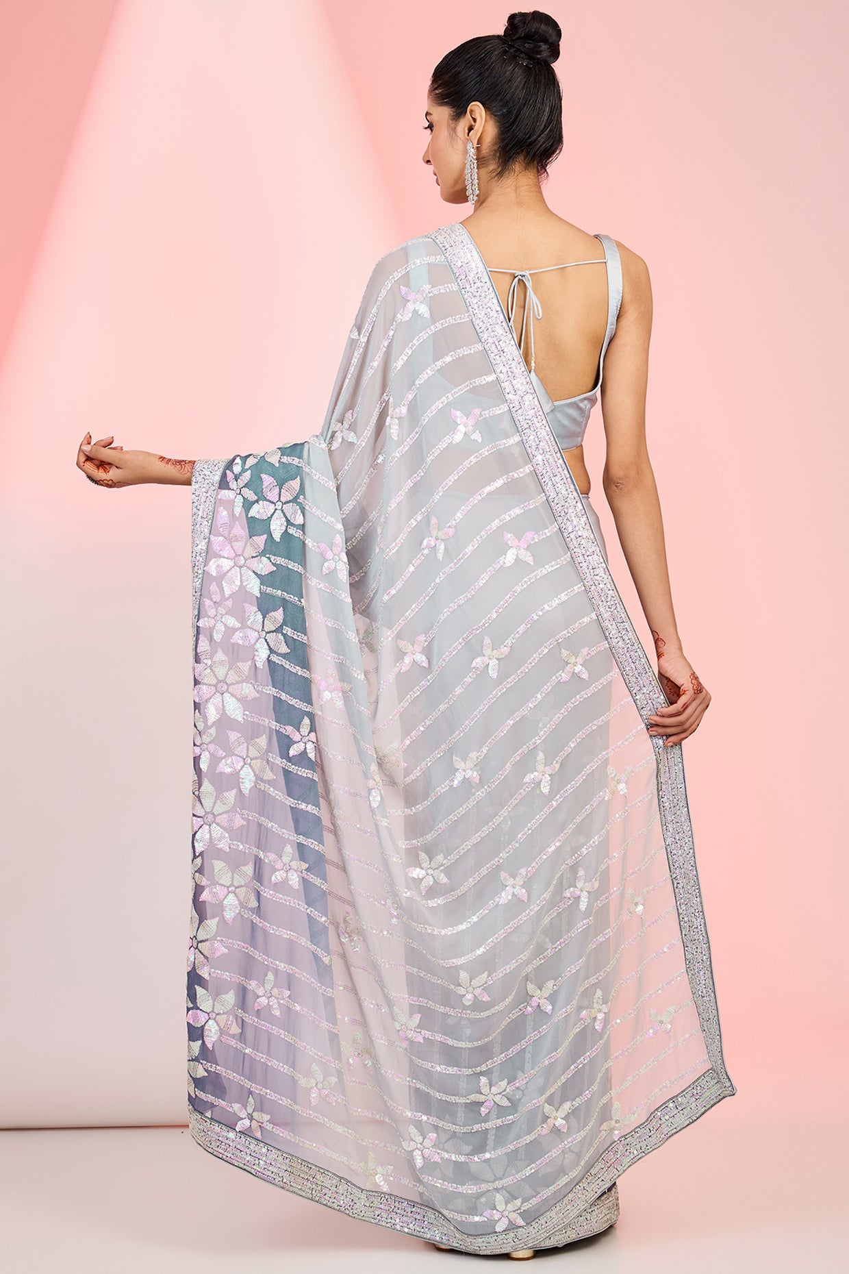 Grey Georgette Sequins Embroidered Ombre Saree Set