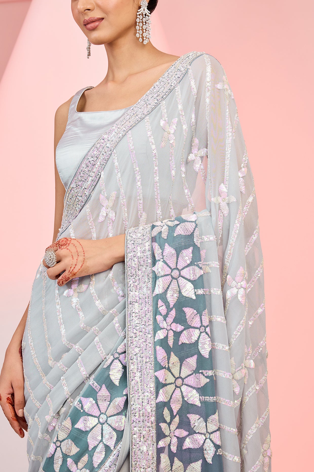 Grey Georgette Sequins Embroidered Ombre Saree Set