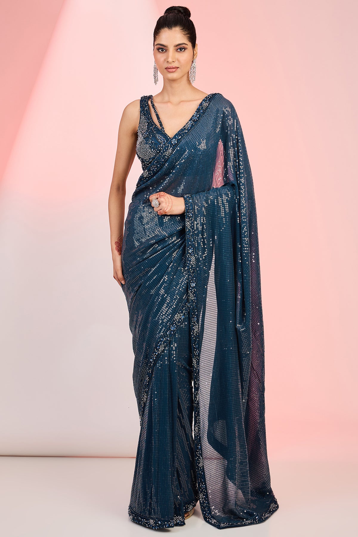 Dark Blue Georgette Sequins & Cutdana Hand Embroidered Saree Set