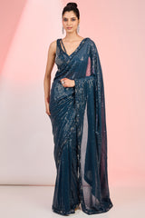 Dark Blue Georgette Sequins & Cutdana Hand Embroidered Saree Set