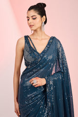 Dark Blue Georgette Sequins & Cutdana Hand Embroidered Saree Set