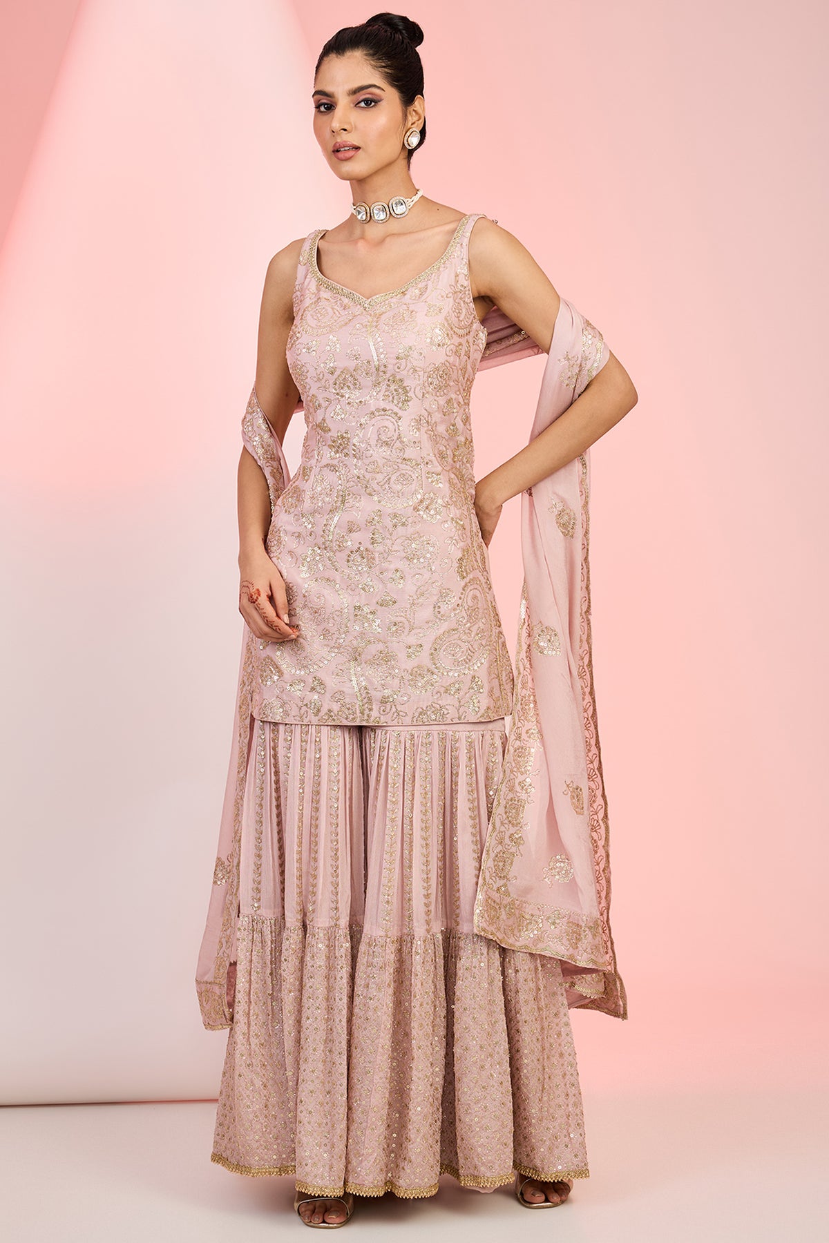 Light Pink Chinon Sequins Embroidered Sharara Set