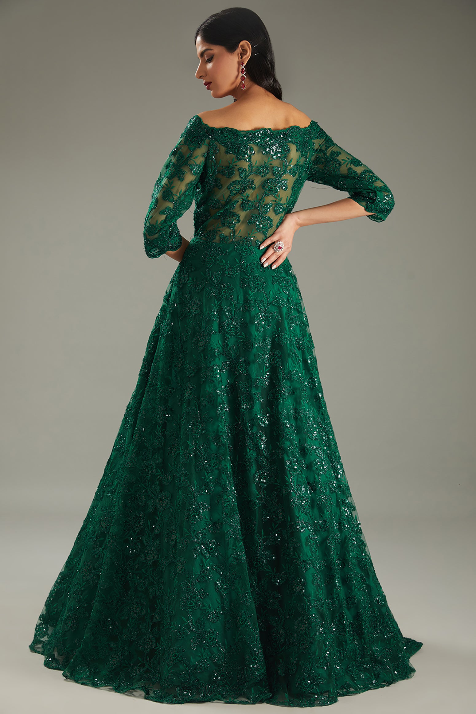 Green Net Sequins & Resham Embroidered Off-Shoulder Gown