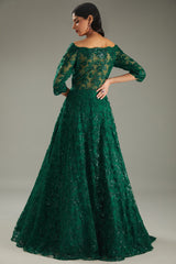 Green Net Sequins & Resham Embroidered Off-Shoulder Gown