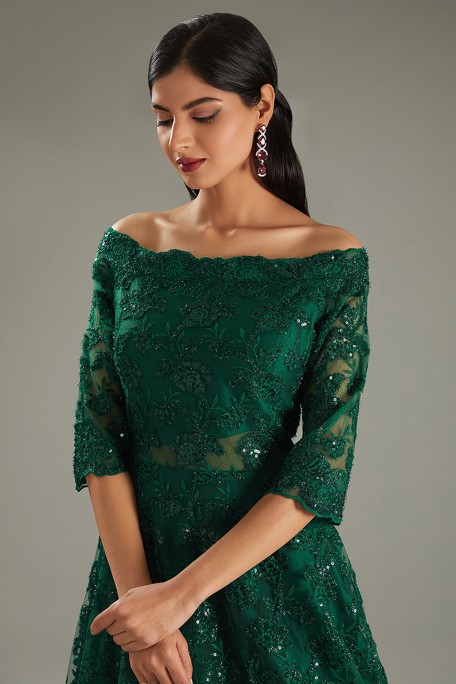 Green Net Sequins & Resham Embroidered Off-Shoulder Gown