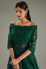 Green Net Sequins & Resham Embroidered Off-Shoulder Gown