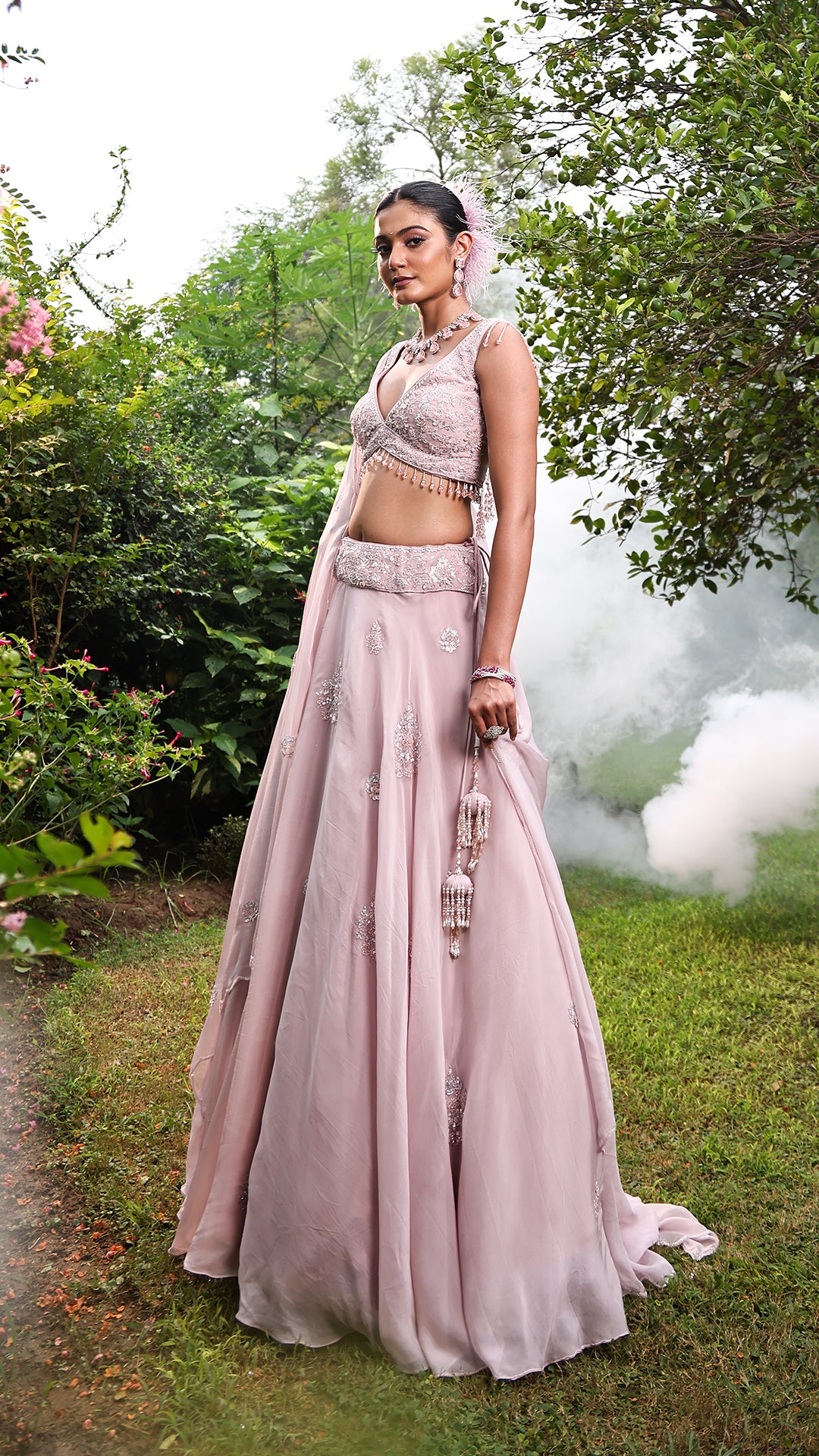 Lilac Organza Silver Stone Embroidered Lehenga Set