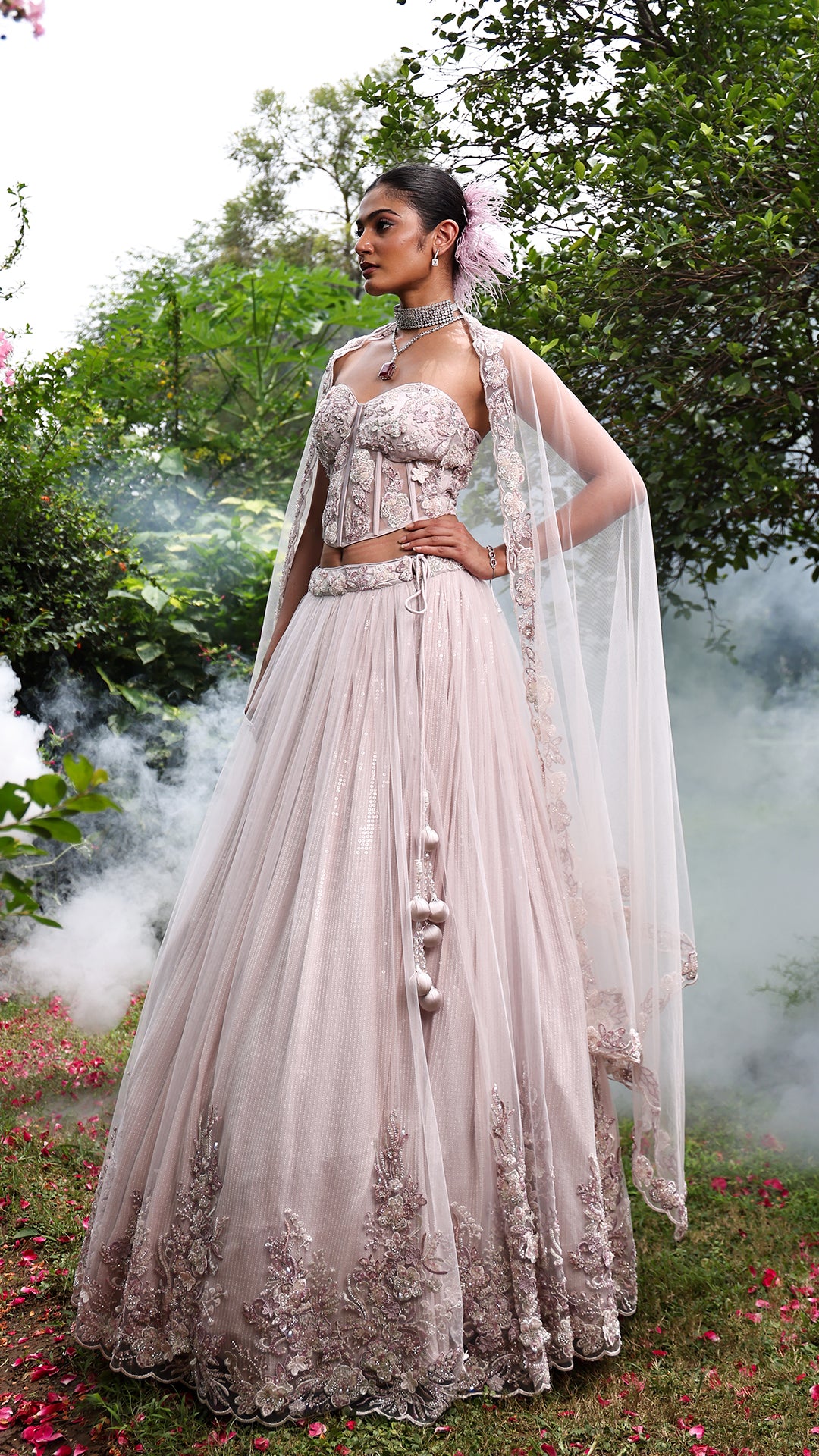 Lilac Net 3D Floral Embellished Lehenga Set