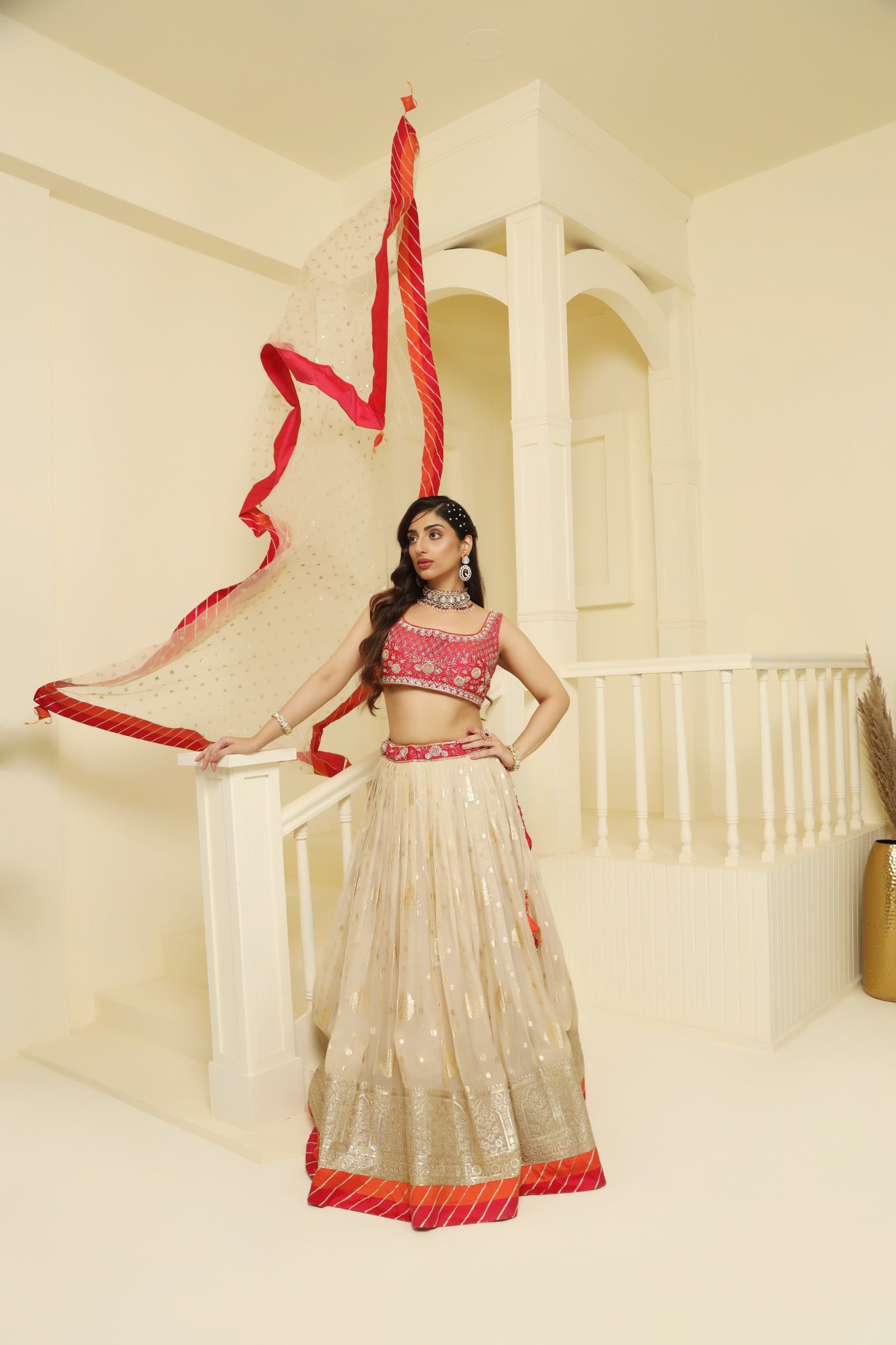 Magenta and orange embroided Tissue lehenga set