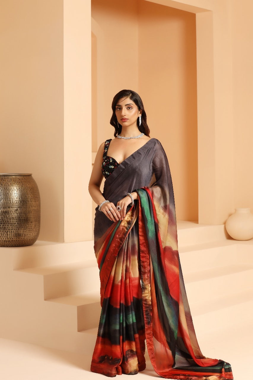 Multi-Colored Organza Chiffon Digital Printed Saree Set