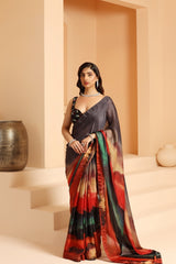 Multi-Colored Organza Chiffon Digital Printed Saree Set