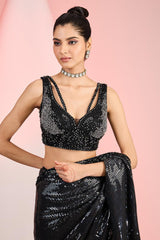 Sequin line break with flower border saree blouse